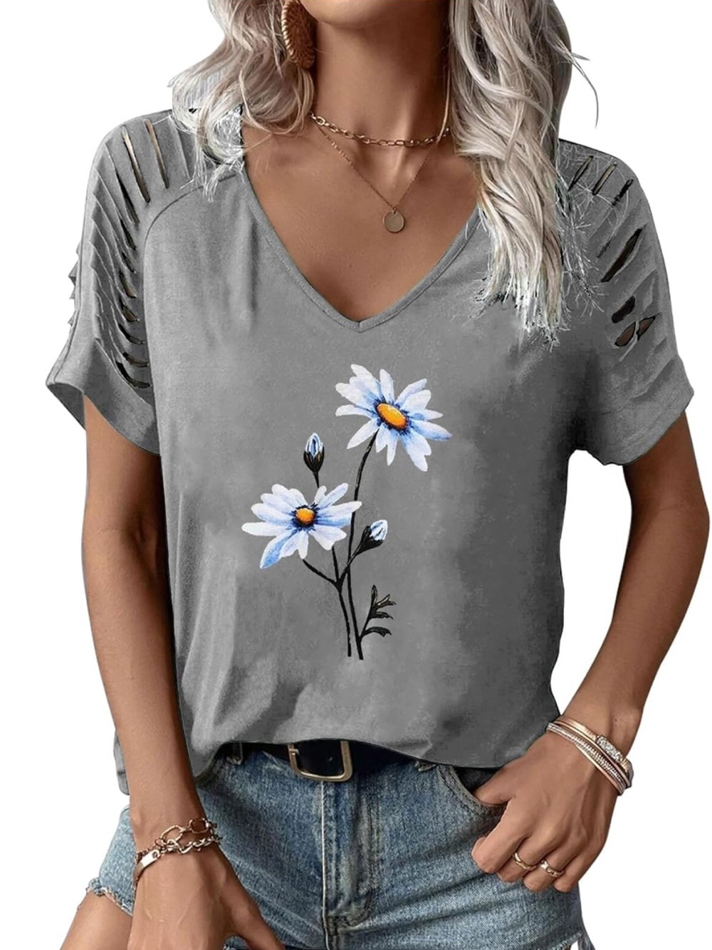 Women’s grey floral short sleeve cut out shirt size XL